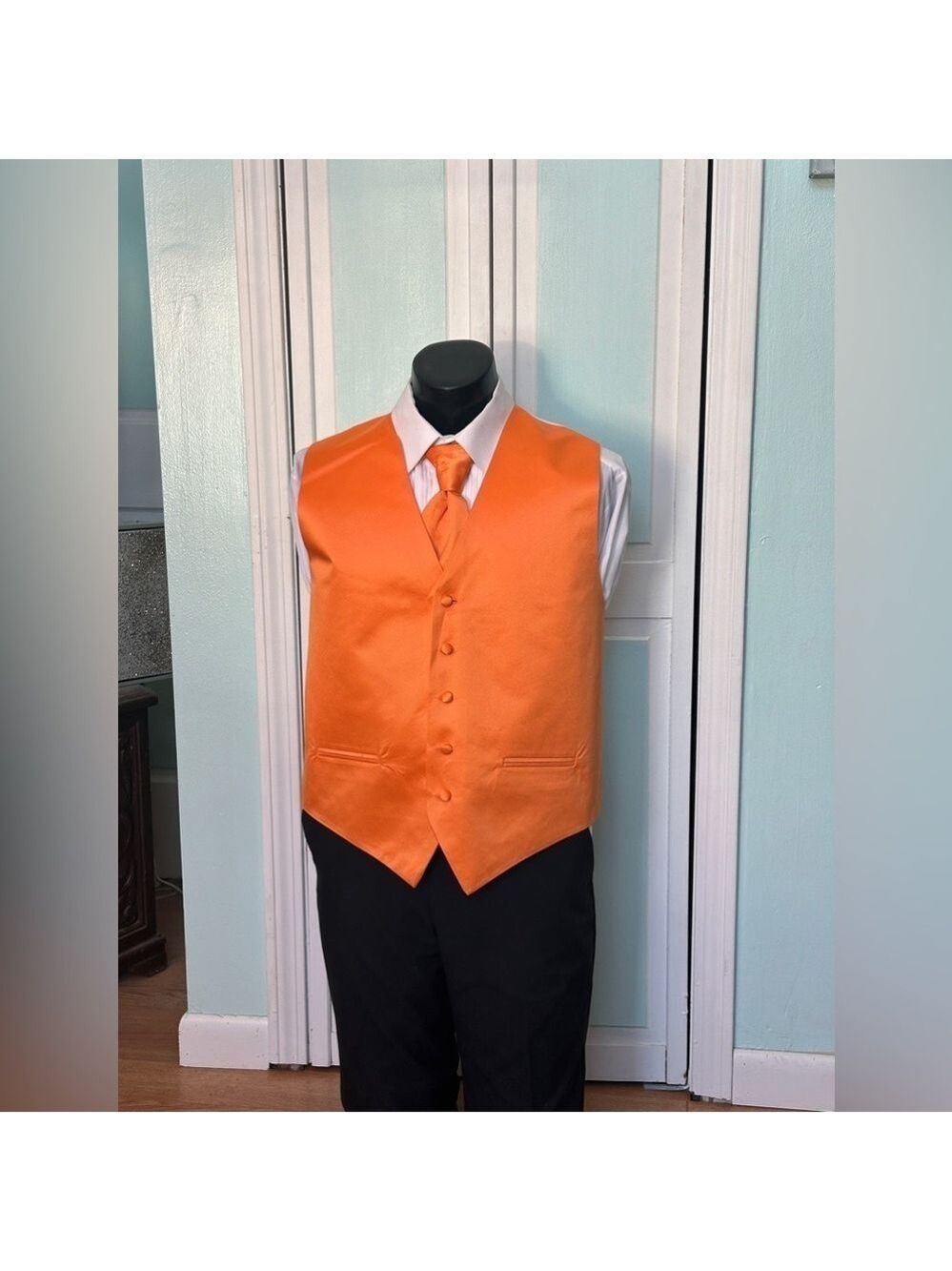 Tangerine Neon Orange Satin Closed Back Vest Wedding Prom Men’s Medium L Large
